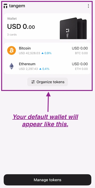 Continue to Tangem wallet default page