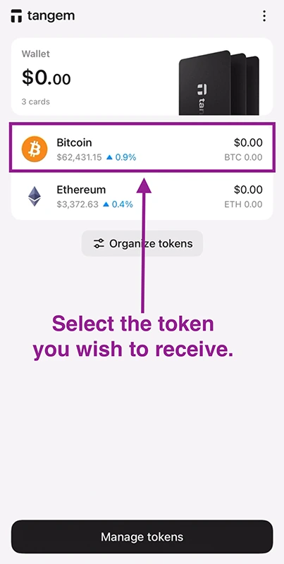Select the token you want to receive to your tangem wallet