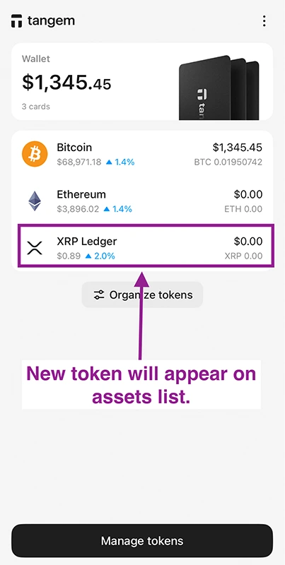 Token will show in tangem wallet asset list
