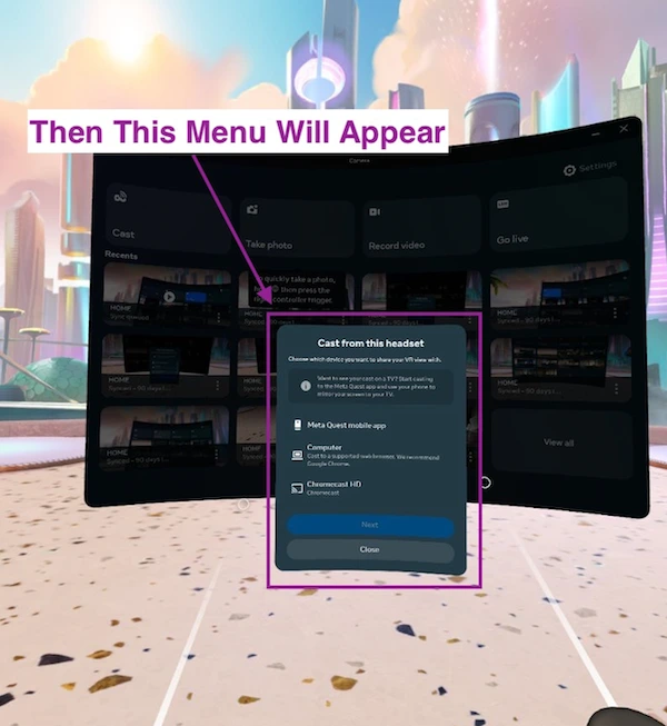 casting menu will appear to cast meta quest 3