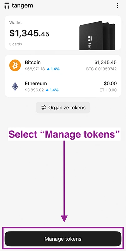 select manage tokens in your tangem wallet